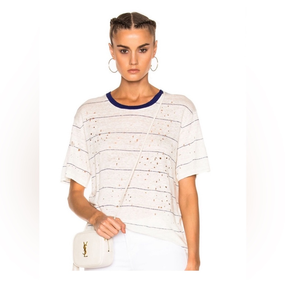 IRO “Hadith” White + Navy Striped Distressed Linen Tee Size Small